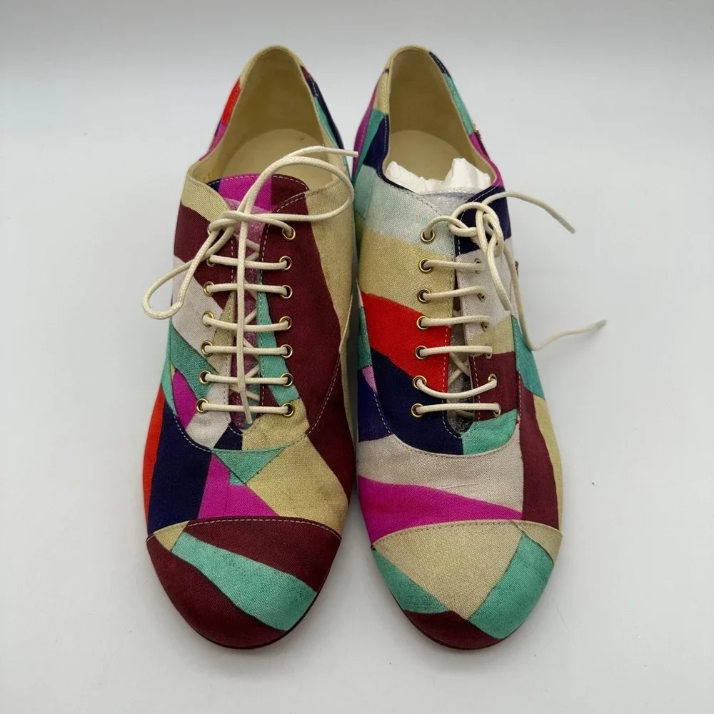 NEW CHANEL‎ BROGUES SHOES CAMELIA G HEELS MULTI COLOR CANVAS G31468 Size 38.5